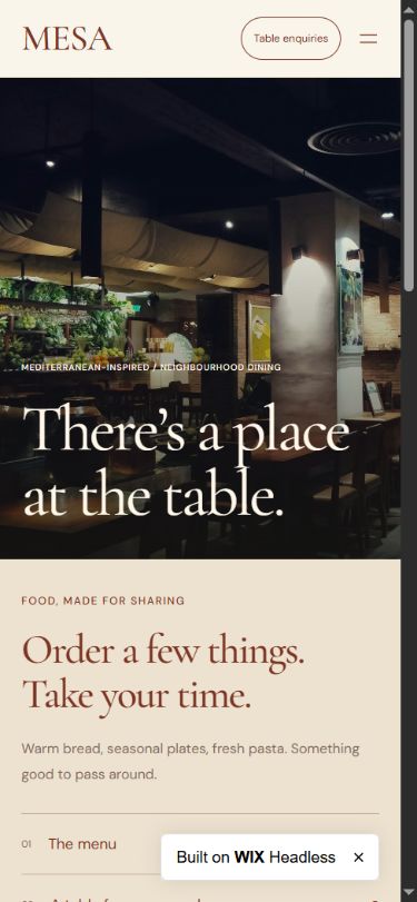 MESA: the restaurant website on a mobile screen